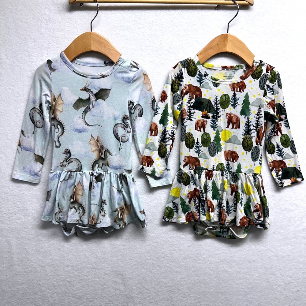 Posh Peanut Ruffled Romper Kids 18-24M Blue White Dragon Bear Bamboo Set of 2